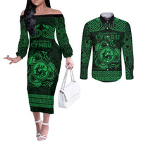 Personalized Carmarthenshire Sir Gaerfyrddin Couples Matching Off The Shoulder Long Sleeve Dress and Long Sleeve Button Shirt Green Deer Stag Celtic-inspired - Wonder Print Shop