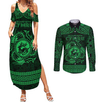 Personalized Carmarthenshire Sir Gaerfyrddin Couples Matching Summer Maxi Dress and Long Sleeve Button Shirt Green Deer Stag Celtic-inspired - Wonder Print Shop