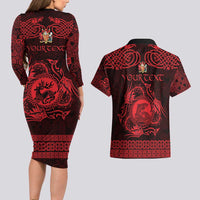 Personalized Carmarthenshire Sir Gaerfyrddin Couples Matching Long Sleeve Bodycon Dress and Hawaiian Shirt Red Deer Stag Celtic-inspired - Wonder Print Shop