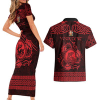 Personalized Carmarthenshire Sir Gaerfyrddin Couples Matching Short Sleeve Bodycon Dress and Hawaiian Shirt Red Deer Stag Celtic-inspired - Wonder Print Shop