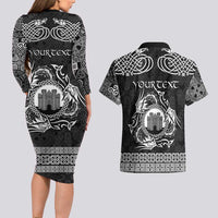 Personalized Denbighshire Sir Ddinbych Couples Matching Long Sleeve Bodycon Dress and Hawaiian Shirt Black Gatehouse Denbigh Castle Celtic-inspired - Wonder Print Shop