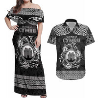 Personalized Denbighshire Sir Ddinbych Couples Matching Off Shoulder Maxi Dress and Hawaiian Shirt Black Gatehouse Denbigh Castle Celtic-inspired - Wonder Print Shop