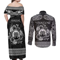 Personalized Denbighshire Sir Ddinbych Couples Matching Off Shoulder Maxi Dress and Long Sleeve Button Shirt Black Gatehouse Denbigh Castle Celtic-inspired - Wonder Print Shop