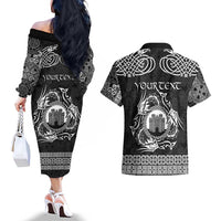 Personalized Denbighshire Sir Ddinbych Couples Matching Off The Shoulder Long Sleeve Dress and Hawaiian Shirt Black Gatehouse Denbigh Castle Celtic-inspired - Wonder Print Shop