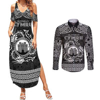 Personalized Denbighshire Sir Ddinbych Couples Matching Summer Maxi Dress and Long Sleeve Button Shirt Black Gatehouse Denbigh Castle Celtic-inspired - Wonder Print Shop