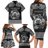 Personalized Denbighshire Sir Ddinbych Family Matching Long Sleeve Bodycon Dress and Hawaiian Shirt Black Gatehouse Denbigh Castle Celtic-inspired - Wonder Print Shop