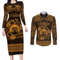 Personalized Denbighshire Sir Ddinbych Couples Matching Long Sleeve Bodycon Dress and Long Sleeve Button Shirt Gold Gatehouse Denbigh Castle Celtic-inspired - Wonder Print Shop