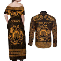 Personalized Denbighshire Sir Ddinbych Couples Matching Off Shoulder Maxi Dress and Long Sleeve Button Shirt Gold Gatehouse Denbigh Castle Celtic-inspired - Wonder Print Shop