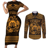 Personalized Denbighshire Sir Ddinbych Couples Matching Short Sleeve Bodycon Dress and Long Sleeve Button Shirt Gold Gatehouse Denbigh Castle Celtic-inspired - Wonder Print Shop