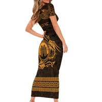 Personalized Denbighshire Sir Ddinbych Short Sleeve Bodycon Dress Gold Gatehouse Denbigh Castle Celtic-inspired - Wonder Print Shop