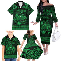 Personalized Denbighshire Sir Ddinbych Family Matching Off The Shoulder Long Sleeve Dress and Hawaiian Shirt Green Gatehouse Denbigh Castle Celtic-inspired - Wonder Print Shop