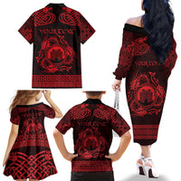 Personalized Denbighshire Sir Ddinbych Family Matching Off The Shoulder Long Sleeve Dress and Hawaiian Shirt Red Gatehouse Denbigh Castle Celtic-inspired - Wonder Print Shop