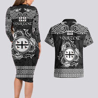 Personalized Flintshire Sir y Fflint Couples Matching Long Sleeve Bodycon Dress and Hawaiian Shirt Black Four Choughs Celtic-inspired - Wonder Print Shop