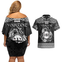 Personalized Flintshire Sir y Fflint Couples Matching Off Shoulder Short Dress and Hawaiian Shirt Black Four Choughs Celtic-inspired - Wonder Print Shop