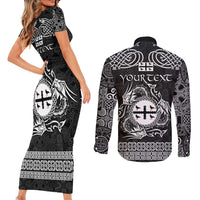 Personalized Flintshire Sir y Fflint Couples Matching Short Sleeve Bodycon Dress and Long Sleeve Button Shirt Black Four Choughs Celtic-inspired - Wonder Print Shop