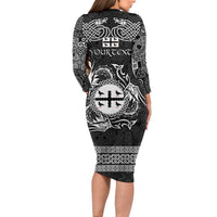 Personalized Flintshire Sir y Fflint Long Sleeve Bodycon Dress Black Four Choughs Celtic-inspired - Wonder Print Shop