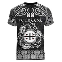 Personalized Flintshire Sir y Fflint Women V-Neck T-Shirt Black Four Choughs Celtic-inspired - Wonder Print Shop