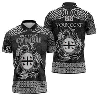 Personalized Flintshire Sir y Fflint Zipper Polo Shirt Black Four Choughs Celtic-inspired - Wonder Print Shop