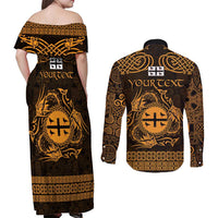 Personalized Flintshire Sir y Fflint Couples Matching Off Shoulder Maxi Dress and Long Sleeve Button Shirt Gold Four Choughs Celtic-inspired - Wonder Print Shop