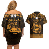 Personalized Flintshire Sir y Fflint Couples Matching Off Shoulder Short Dress and Hawaiian Shirt Gold Four Choughs Celtic-inspired - Wonder Print Shop