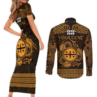 Personalized Flintshire Sir y Fflint Couples Matching Short Sleeve Bodycon Dress and Long Sleeve Button Shirt Gold Four Choughs Celtic-inspired - Wonder Print Shop