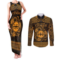 Personalized Flintshire Sir y Fflint Couples Matching Tank Maxi Dress and Long Sleeve Button Shirt Gold Four Choughs Celtic-inspired - Wonder Print Shop