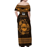Personalized Flintshire Sir y Fflint Off Shoulder Maxi Dress Gold Four Choughs Celtic-inspired - Wonder Print Shop