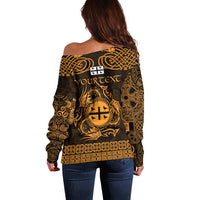 Personalized Flintshire Sir y Fflint Off Shoulder Sweater Gold Four Choughs Celtic-inspired - Wonder Print Shop