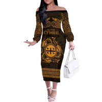 Personalized Flintshire Sir y Fflint Off The Shoulder Long Sleeve Dress Gold Four Choughs Celtic-inspired - Wonder Print Shop