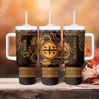 Personalized Flintshire Sir y Fflint Tumbler With Handle Gold Four Choughs Celtic-inspired - Wonder Print Shop