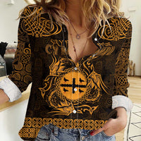 Personalized Flintshire Sir y Fflint Women Casual Shirt Gold Four Choughs Celtic-inspired - Wonder Print Shop
