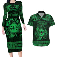 Personalized Flintshire Sir y Fflint Couples Matching Long Sleeve Bodycon Dress and Hawaiian Shirt Green Four Choughs Celtic-inspired - Wonder Print Shop