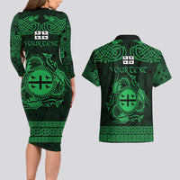 Personalized Flintshire Sir y Fflint Couples Matching Long Sleeve Bodycon Dress and Hawaiian Shirt Green Four Choughs Celtic-inspired - Wonder Print Shop