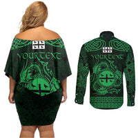 Personalized Flintshire Sir y Fflint Couples Matching Off Shoulder Short Dress and Long Sleeve Button Shirt Green Four Choughs Celtic-inspired - Wonder Print Shop