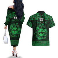 Personalized Flintshire Sir y Fflint Couples Matching Off The Shoulder Long Sleeve Dress and Hawaiian Shirt Green Four Choughs Celtic-inspired - Wonder Print Shop