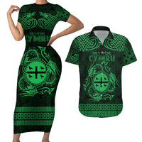 Personalized Flintshire Sir y Fflint Couples Matching Short Sleeve Bodycon Dress and Hawaiian Shirt Green Four Choughs Celtic-inspired - Wonder Print Shop