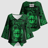 Personalized Flintshire Sir y Fflint Kimono Sleeve Blouse Green Four Choughs Celtic-inspired - Wonder Print Shop