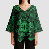 Personalized Flintshire Sir y Fflint Kimono Sleeve Blouse Green Four Choughs Celtic-inspired - Wonder Print Shop