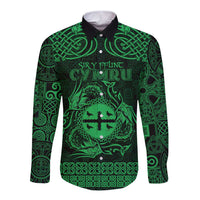 Personalized Flintshire Sir y Fflint Long Sleeve Button Shirt Green Four Choughs Celtic-inspired - Wonder Print Shop