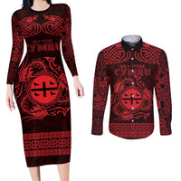 Personalized Flintshire Sir y Fflint Couples Matching Long Sleeve Bodycon Dress and Long Sleeve Button Shirt Red Four Choughs Celtic-inspired - Wonder Print Shop