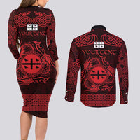 Personalized Flintshire Sir y Fflint Couples Matching Long Sleeve Bodycon Dress and Long Sleeve Button Shirt Red Four Choughs Celtic-inspired - Wonder Print Shop