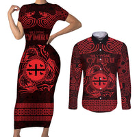 Personalized Flintshire Sir y Fflint Couples Matching Short Sleeve Bodycon Dress and Long Sleeve Button Shirt Red Four Choughs Celtic-inspired - Wonder Print Shop