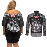 Personalized Glamorgan Morgannwg Couples Matching Off Shoulder Short Dress and Long Sleeve Button Shirt Black Raven Celtic-inspired - Wonder Print Shop
