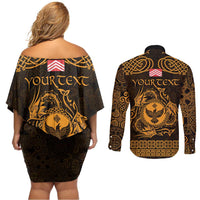 Personalized Glamorgan Morgannwg Couples Matching Off Shoulder Short Dress and Long Sleeve Button Shirt Gold Raven Celtic-inspired - Wonder Print Shop