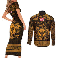 Personalized Glamorgan Morgannwg Couples Matching Short Sleeve Bodycon Dress and Long Sleeve Button Shirt Gold Raven Celtic-inspired - Wonder Print Shop
