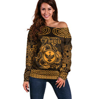 Personalized Glamorgan Morgannwg Off Shoulder Sweater Gold Raven Celtic-inspired - Wonder Print Shop