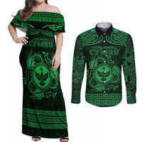Personalized Glamorgan Morgannwg Couples Matching Off Shoulder Maxi Dress and Long Sleeve Button Shirt Green Raven Celtic-inspired - Wonder Print Shop
