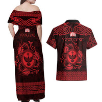 Personalized Glamorgan Morgannwg Couples Matching Off Shoulder Maxi Dress and Hawaiian Shirt Red Raven Celtic-inspired - Wonder Print Shop