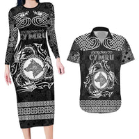 Personalized Merionethshire Meirionnydd Couples Matching Long Sleeve Bodycon Dress and Hawaiian Shirt Black Wolf Celtic-inspired - Wonder Print Shop