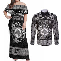 Personalized Merionethshire Meirionnydd Couples Matching Off Shoulder Maxi Dress and Long Sleeve Button Shirt Black Wolf Celtic-inspired - Wonder Print Shop